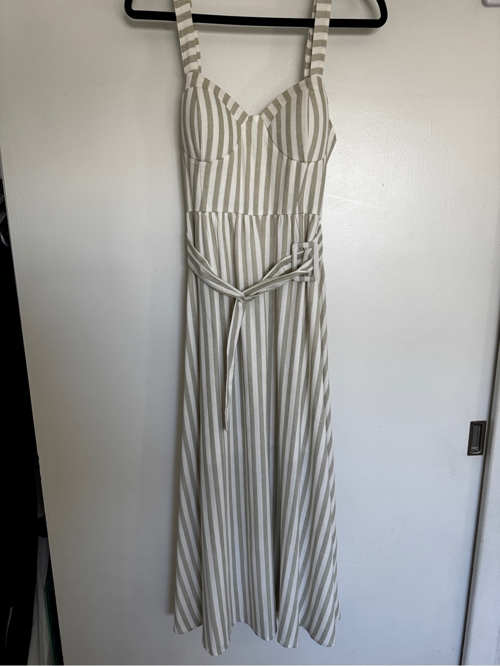Striped Sleeveless Midi Dress in Green and White